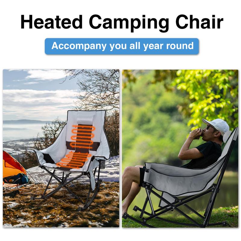 Slendor Oversized Rocking Camping Chair, Heated Camping Chair with 3 Heat Levels, Portable Outdoor Rocker Chair, High Back, Pillow, Carry Bag, Padded