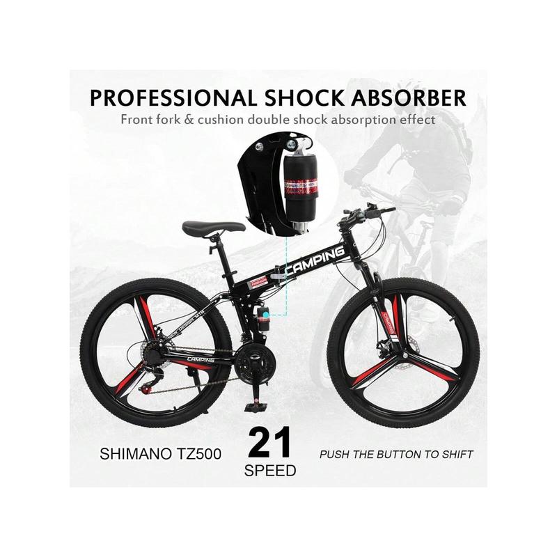 Foldable Mountain Bike 26 Inch Bike 21-Speed Bikes For Adults With Cool Design, Powerful Mechanical Dual Disc Brakes, Double Shock Effect And Ergonomic Cushion (Red Black)