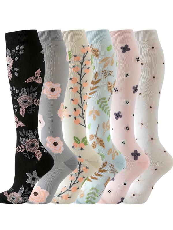 Women's Floral Print Athletic Socks, Breathable Comfortable Sports Socks, Athletic Socks for Running Jogging, Over Calf Socks for Sports Outdoors, Women's Socks for All Seasons