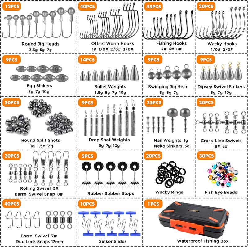 264 397pcs Fishing Accessories Kit, Organized Fishing Tackle Box with Tackle Included, Fishing Hooks, Fishing Weights Sinkers, Swivels, Beads, Fishing Gear Set Equipment for Bass Trout