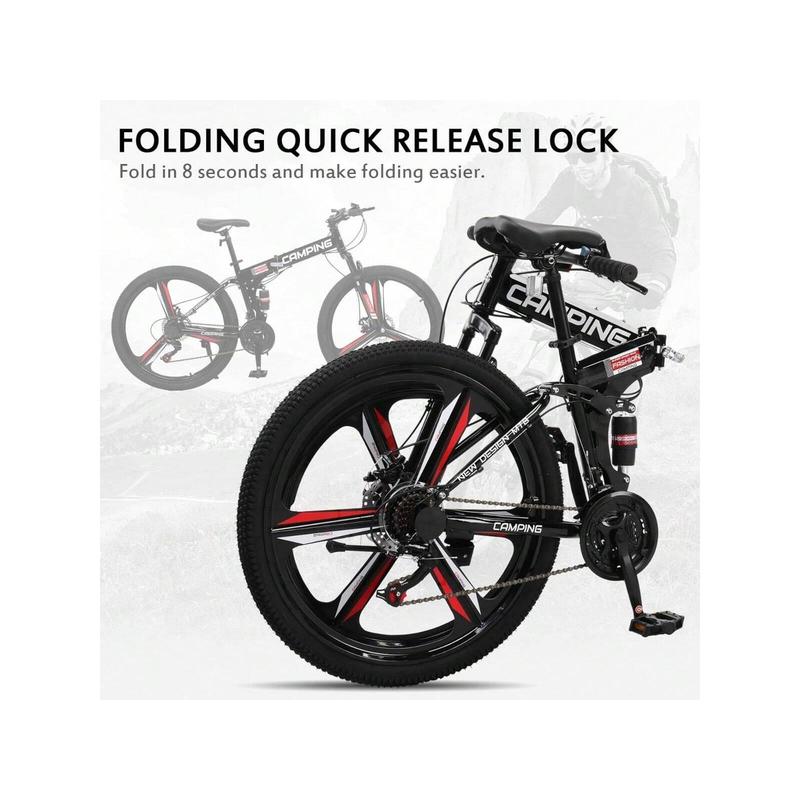 Foldable Mountain Bike 26 Inch Bike 21-Speed Bikes For Adults With Cool Design, Powerful Mechanical Dual Disc Brakes, Double Shock Effect And Ergonomic Cushion (Red Black)