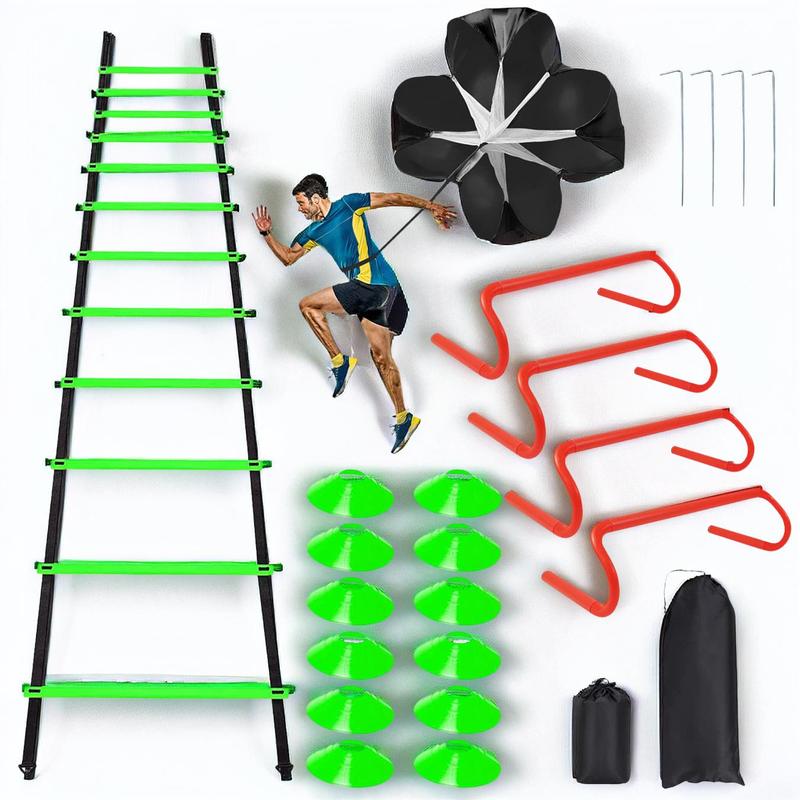 Speed & Agility Ladder Training Equipment Set with Accessories, Including 12pcs Rung & 12pcs Disc Cones & 4 Counts Agility Hurdles & 1 Count Resistance Parachute, Basketball Football Soccer Training Equipment for Youth Adults, Outdoor Fitness Equipment