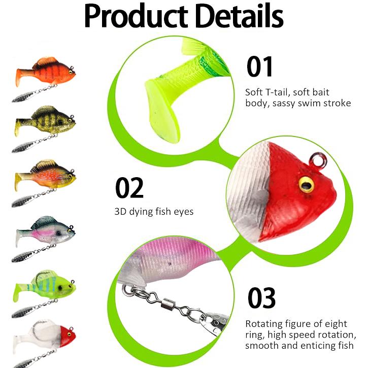 6Pcs Pre-Rigged Jig Head Soft Fishing Lures,Paddle Tail Swimbaits 3D Eyes  Blades for Bass Fishing,Hidden Ultra-Sharp Hook in The top fin