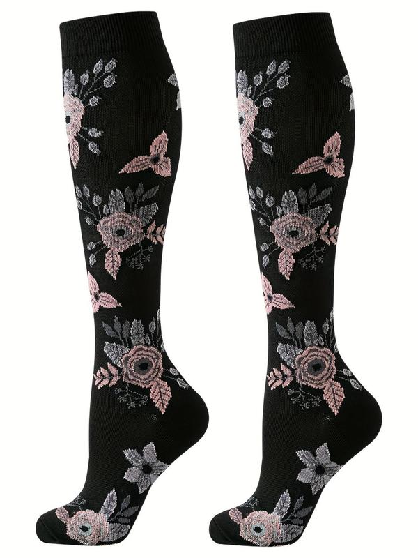 Women's Floral Print Athletic Socks, Breathable Comfortable Sports Socks, Athletic Socks for Running Jogging, Over Calf Socks for Sports Outdoors, Women's Socks for All Seasons