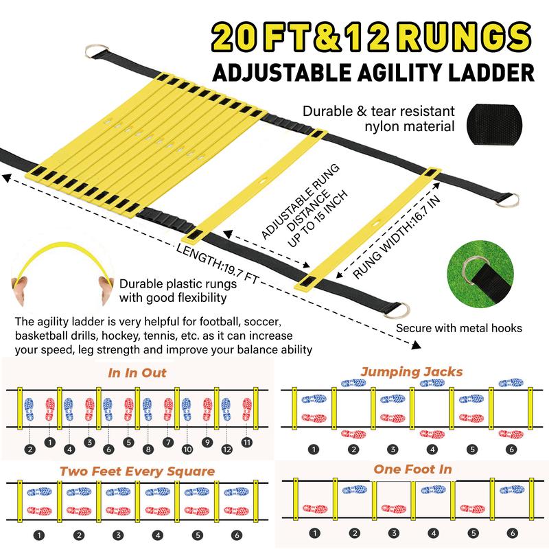 Agility Ladder Football Ladder Set 20ft 12 Rungs Speed Ladder,12 Soccer Cones,1 4Size Football,1 Football Trainer,Running Parachute, Jump Rope,Football Training Equipment For Kids Youth Adults