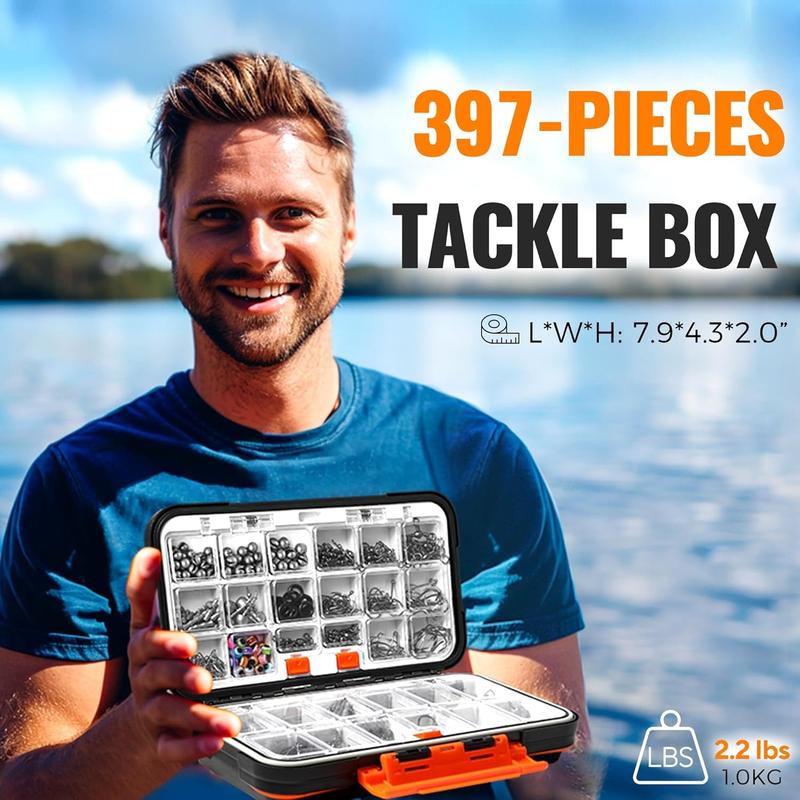 264 397pcs Fishing Accessories Kit, Organized Fishing Tackle Box with Tackle Included, Fishing Hooks, Fishing Weights Sinkers, Swivels, Beads, Fishing Gear Set Equipment for Bass Trout