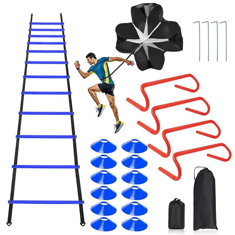 Speed & Agility Ladder Training Equipment Set with Accessories, Including 12pcs Rung & 12pcs Disc Cones & 4 Counts Agility Hurdles & 1 Count Resistance Parachute, Basketball Football Soccer Training Equipment for Youth Adults, Outdoor Fitness Equipment