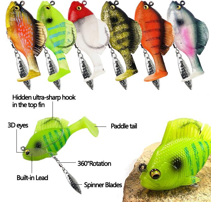 6Pcs Pre-Rigged Jig Head Soft Fishing Lures,Paddle Tail Swimbaits 3D Eyes  Blades for Bass Fishing,Hidden Ultra-Sharp Hook in The top fin