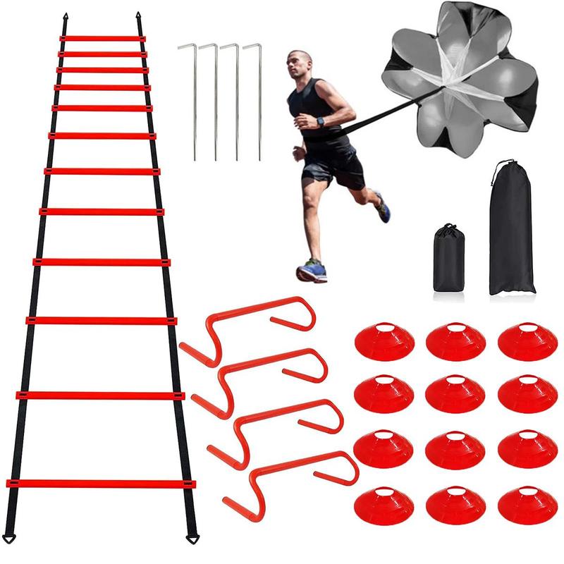 Speed & Agility Ladder Training Equipment Set with Accessories, Including 12pcs Rung & 12pcs Disc Cones & 4 Counts Agility Hurdles & 1 Count Resistance Parachute, Basketball Football Soccer Training Equipment for Youth Adults, Outdoor Fitness Equipment