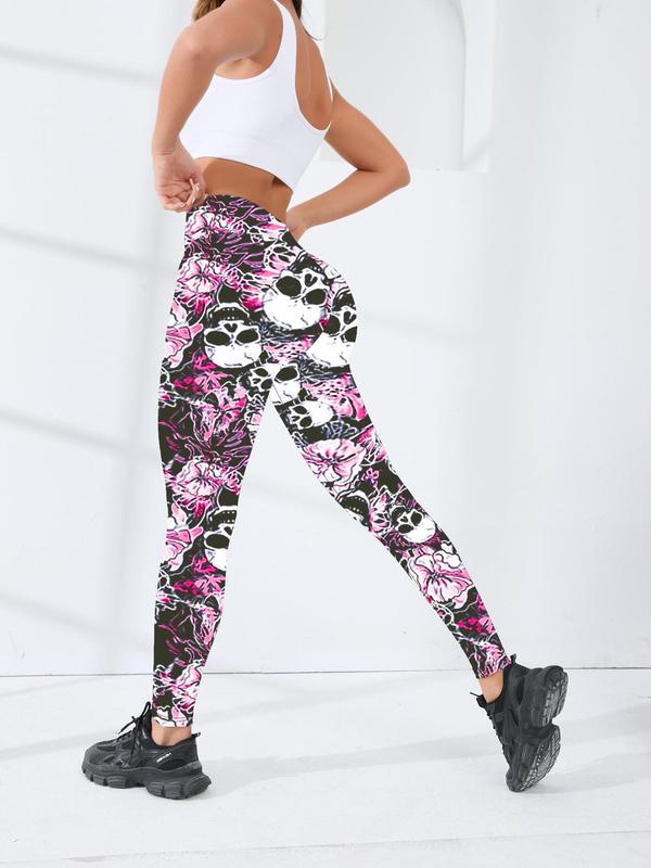 Women's Skull Print High Waist Sports Leggings, Casual Comfy Breathable Skinny Pants for Yoga Gym Workout Running, Ladies Sportswear for All Seasons