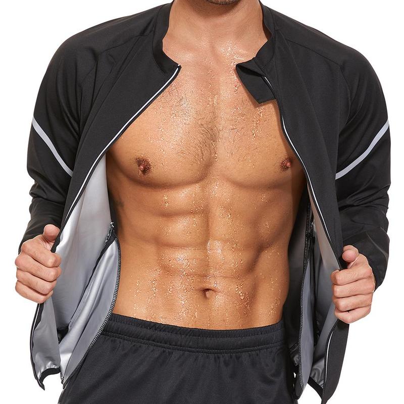 Men's Silver-Coated Sauna Suit Designed for Intense Workouts, featuring White-Trimmed Zipper Long Sleeves, Reflective Silver Accents, and Optimal Heat Retention for Accelerated Weight Loss and Comfort in Motion