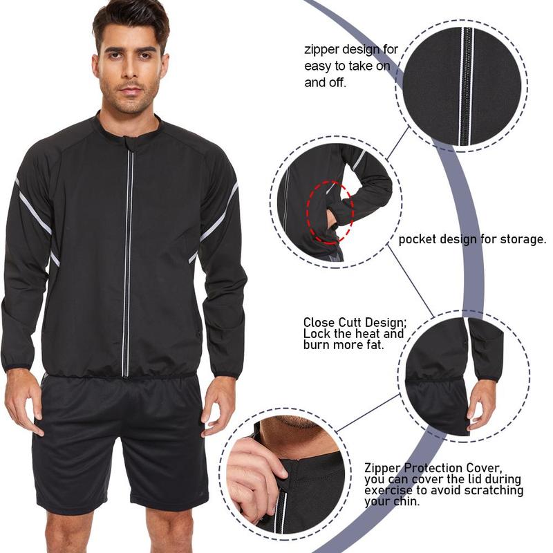 Men's Silver-Coated Sauna Suit Designed for Intense Workouts, featuring White-Trimmed Zipper Long Sleeves, Reflective Silver Accents, and Optimal Heat Retention for Accelerated Weight Loss and Comfort in Motion