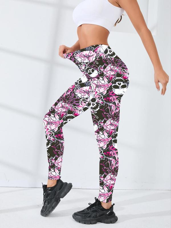 Women's Skull Print High Waist Sports Leggings, Casual Comfy Breathable Skinny Pants for Yoga Gym Workout Running, Ladies Sportswear for All Seasons