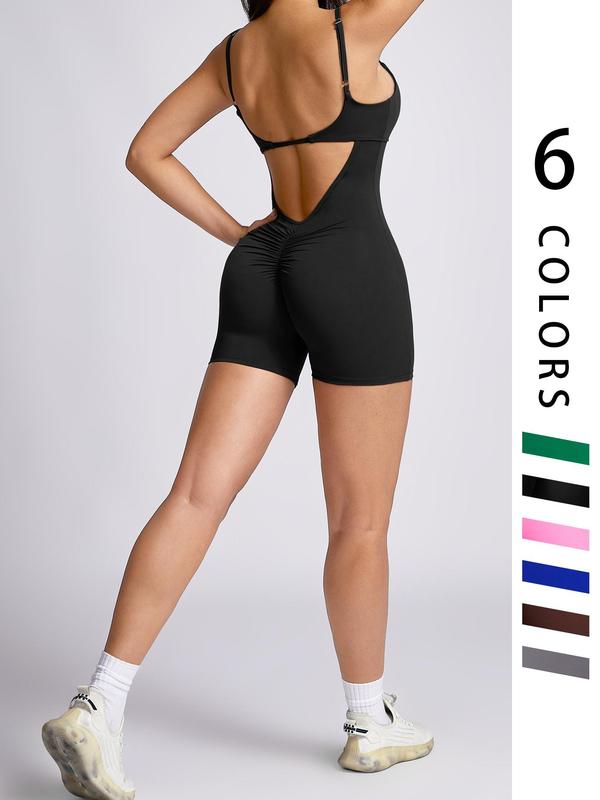 Women's Cut Out Ruched Skinny Sports Tummy Control Romper, Solid Adjustable Spaghetti Strap Bodycon Romper, Ladies Sportswear for Indoor Outdoor Wear, Workout Outfits, Gym Clothes Women, Minimalistic Outfit