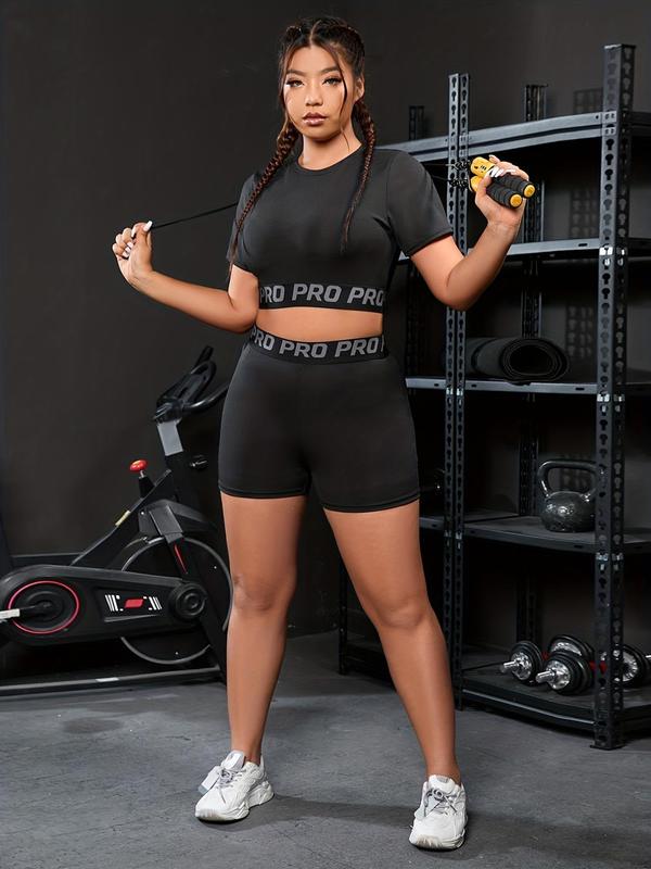 Plus Size Letter Tape High Waist Tracksuit Set, Sporty Short Sleeve T-shirt & Skinny Shorts, Women's Sportswear for Indoor Outdoor Wear