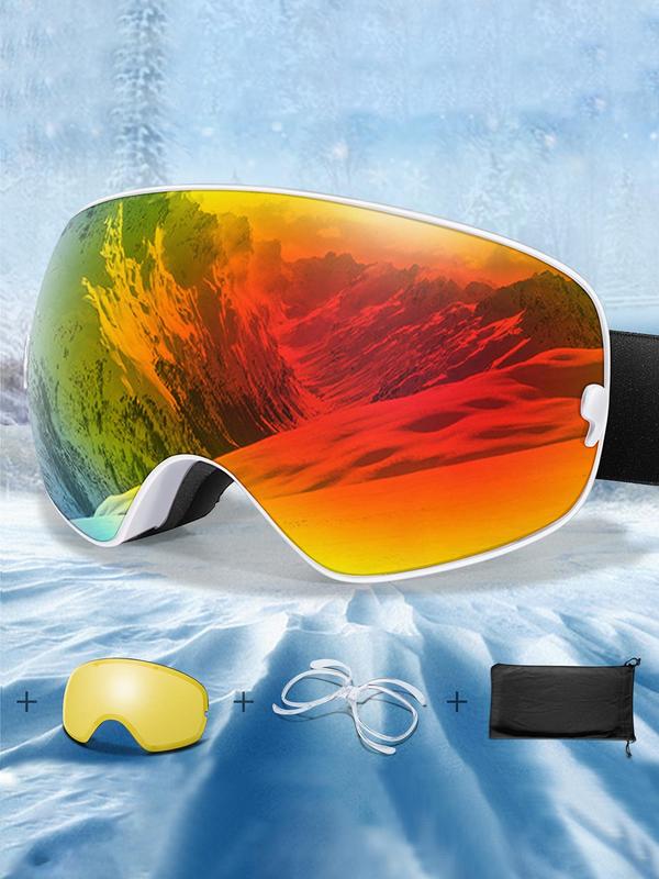 Unisex Sporty Ski Goggles, OTG Ski Goggles with Replacement Lens & Storage Bag, UV 400 Protective Skiing Goggles for Men & Women