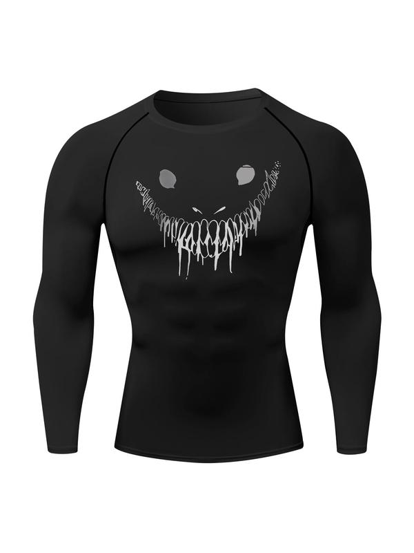 Men's Smile Face Print Round Neck Sports Tee, Long Sleeve Crew Neck T-shirt for Gym Workout Running, Casual Sporty Top for Fall & Winter