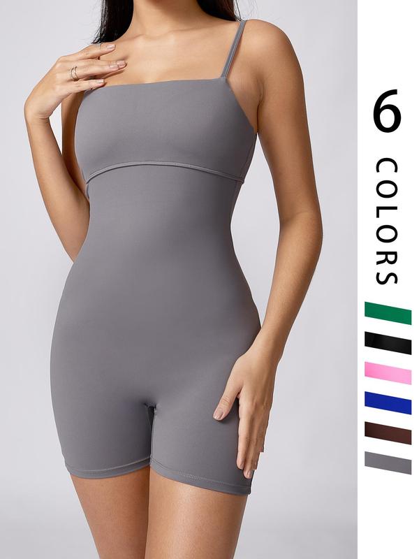 Women's Cut Out Ruched Skinny Sports Tummy Control Romper, Solid Adjustable Spaghetti Strap Bodycon Romper, Ladies Sportswear for Indoor Outdoor Wear, Workout Outfits, Gym Clothes Women, Minimalistic Outfit