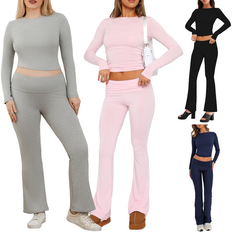 Women Two Piece Flare Pants Set Basic Long Sleeve Crop Top Low Waist Yoga Leggings Set Outfits Loungewear Tracksuit