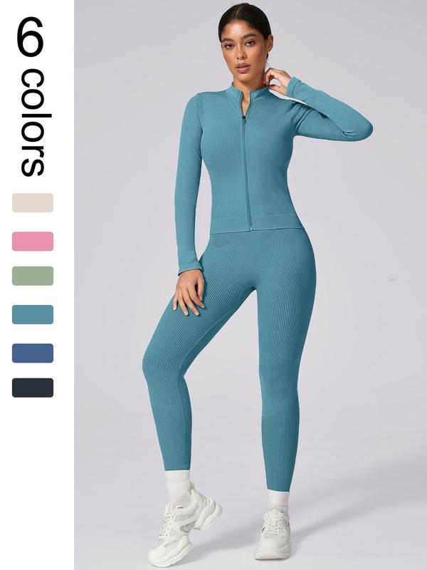 Women's Solid Zip Up Crop Jacket & High Waist Leggings Ribbed Tracksuit Set, Fall Outfits, Sporty Breathable Comfy Outfits for Yoga Gym Workout Running, Ladies Sportswear for Fall, Jogging Suit Set, Minimalistic Outfit Cute Going Out Tops, Fall Outfits