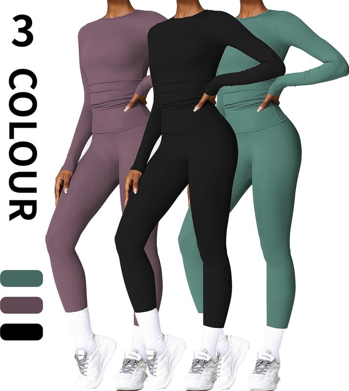 Women's Long Sleeve Crop Top and Skinny Leggings Tracksuit Set for Yoga Gymwear Workout in All Seasons