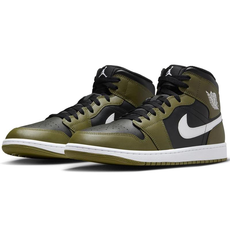 Men's Jordan 1 Mid Black White-Medium Olive-Sail (DQ8426 092)