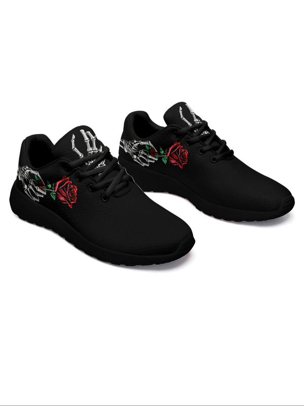 Women's Rose Skull Hand Bone Print Low Top Sneakers, Sports Running Shoes, Slip Resistant, Shock Absorbing, Breathable, Available in Large Size