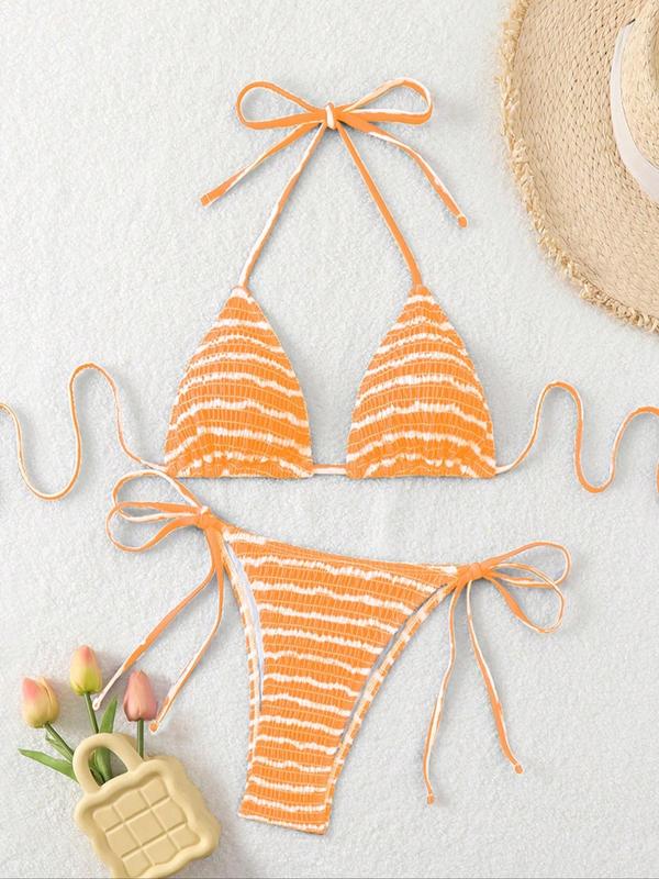 Two-piece Set Women's Striped Print Shirred Tie Back Bikinis Set, Casual Halter Triangle Swim Bra & Tie Side Swim Panty, Summer Beach Holiday Vacation Swimwear