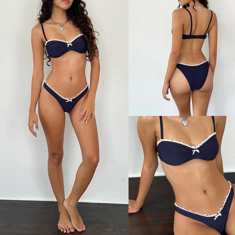 Women's 2 Piece Swimsuit Fashion Lace Trim Bow Bikini Set Summer Two Piece Bathing Suit