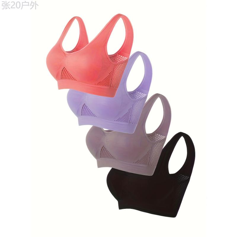 4 Pack Plus Size Sports Bra Set, Women's Plus Solid Comfort Medium Stretch Breathable Fitness Gym Bra 4pcs Set