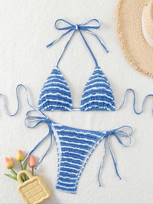 Two-piece Set Women's Striped Print Shirred Tie Back Bikinis Set, Casual Halter Triangle Swim Bra & Tie Side Swim Panty, Summer Beach Holiday Vacation Swimwear