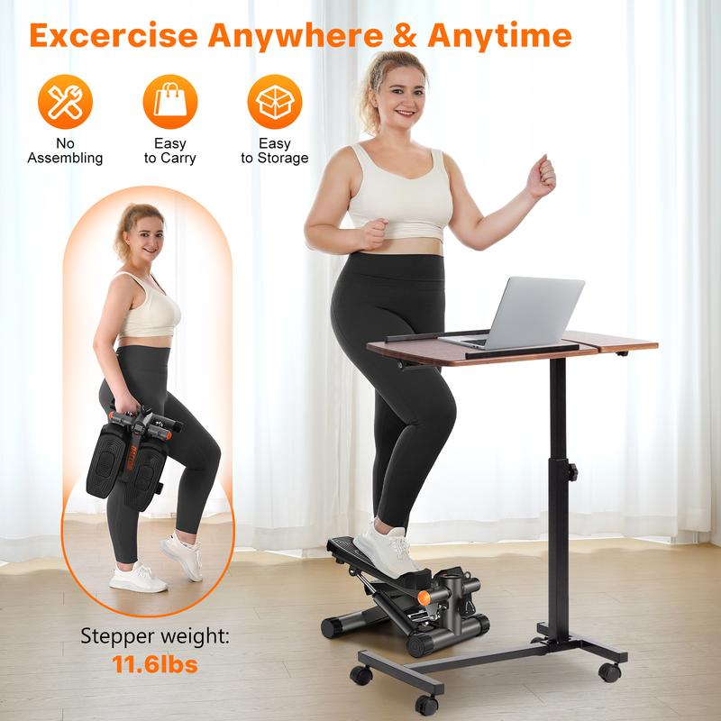 Home Workout Mini Stepper with Resistance Bands & LCD Monitor, Hydraulic Fitness Machine Supports Up to 330LBS for Full Body Exercise