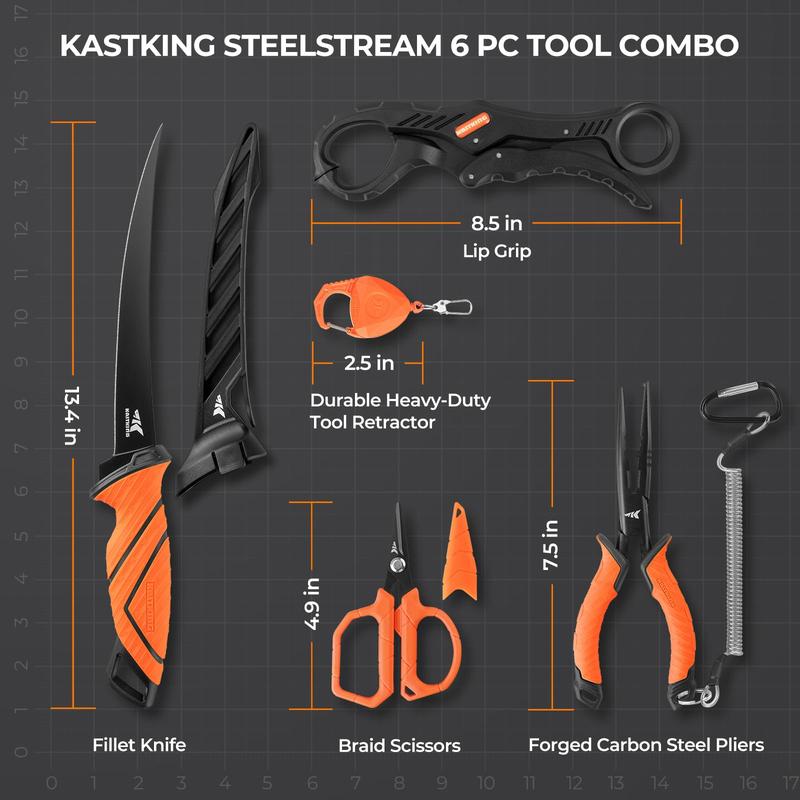 KastKing SteelStream Fishing Tool Kits - Corrosion Resistant Fishing Pliers with Lanyard, Fillet Knife, Floating Fish Lip Gripper, Fishing Braid Scissors, Tool Retractor, Fishing Gifts for Men