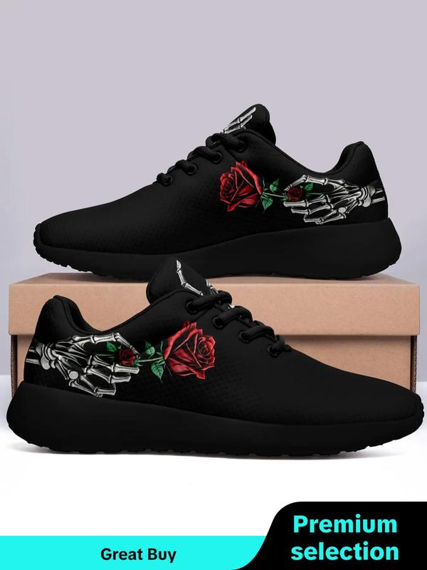 Women's Rose Skull Hand Bone Print Low Top Sneakers, Sports Running Shoes, Slip Resistant, Shock Absorbing, Breathable, Available in Large Size