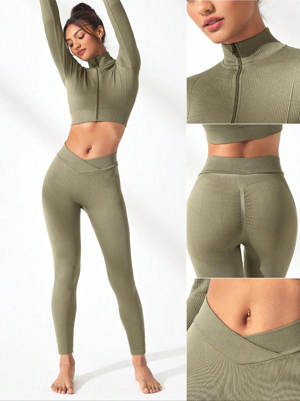 Women's Solid Zip Up Cut Out Stand Collar Crop Jacket & Overlap Waist Leggings Tracksuit Set, Sporty Breathable Comfy Outfits for Yoga Gym Workout Running, Women Tracksuits for Fall & Winter