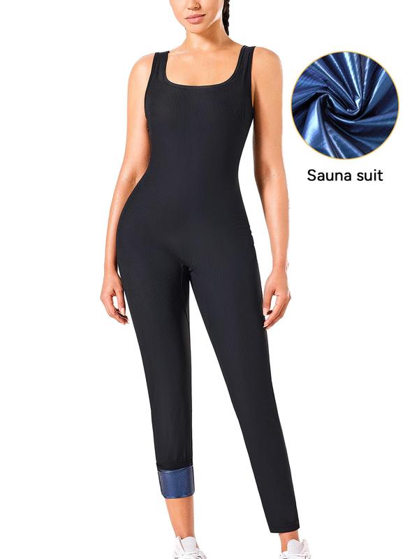 Women's Solid Backless Square Neck Sports Jumpsuit, Casual Sporty Sleeveless Jumpsuit for Yoga Gym Workout, Ladies Sportswear for All Seasons