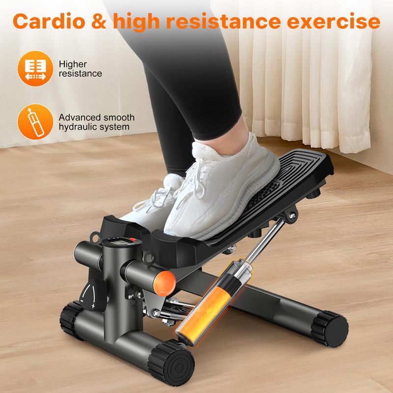 Home Workout Mini Stepper with Resistance Bands & LCD Monitor, Hydraulic Fitness Machine Supports Up to 330LBS for Full Body Exercise