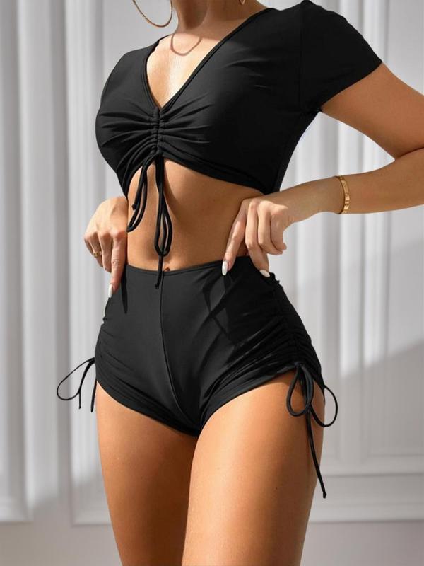 Two-Piece Set Women's Solid Ruched Drawstring Skinny Summer Swimsuit Set, Swimsuit Sets Bathing Suits for Women, Tummy Control Bikinis for Summer 2024, Casual V Neck Short Sleeve Tie Front Swim Top & High Waist Drawstring Side Swim Shorts