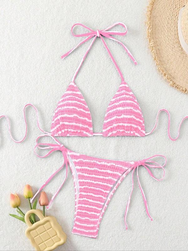 Two-piece Set Women's Striped Print Shirred Tie Back Bikinis Set, Casual Halter Triangle Swim Bra & Tie Side Swim Panty, Summer Beach Holiday Vacation Swimwear