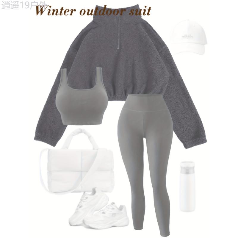 3-piece Set Sports Outfit For Women, Soft Knit Fabric, High-Waisted Pants And Sports Bra, Half-Zip Plush Jacket, Fitness Set For Fall & Winter(NO Accessories)