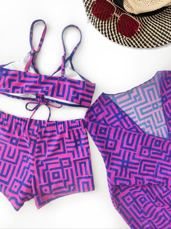 Three-piece Set Women's All Over Geometric Print Bikini Set, Casual Drawstring Swim Top & Elastic Waist Swim Bottom &  Cover Up Set, Fashion Women's Swimwear for Beach Holiday Vacation