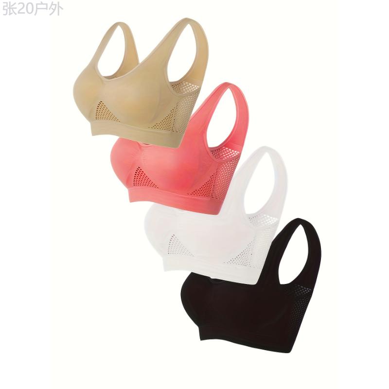 4 Pack Plus Size Sports Bra Set, Women's Plus Solid Comfort Medium Stretch Breathable Fitness Gym Bra 4pcs Set