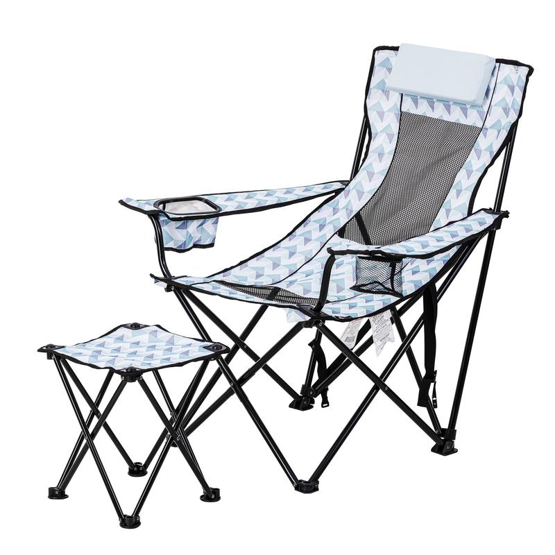 Ozark Trail Lounge Camp Chair,Detached Footrest,Blue and White Design,Padded Headrest,Adult,10.56Lbs