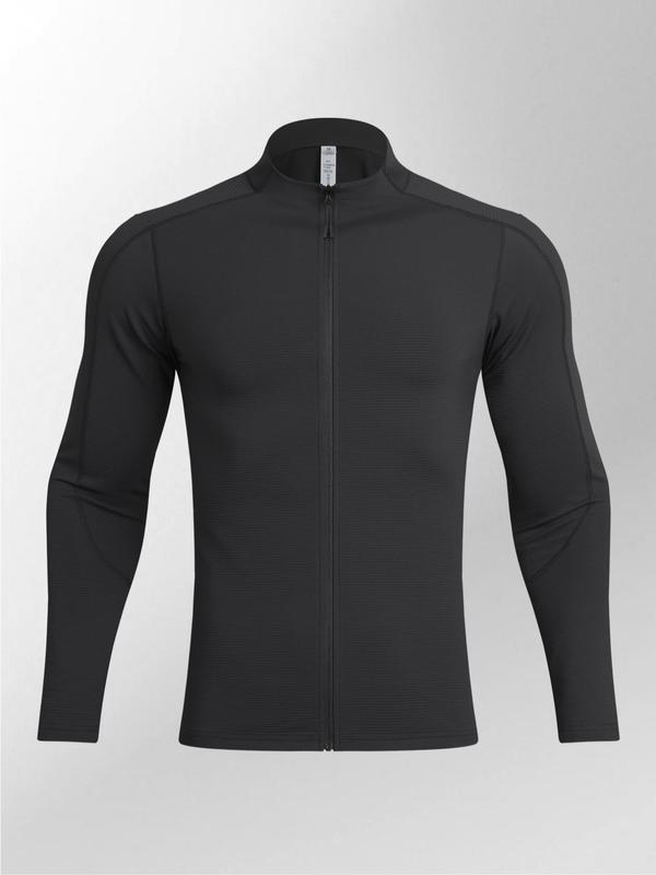 Men's Solid Zip Up Sports Jacket, Long Sleeve Stand Collar Sports Outerwear for Outdoor Camping Cycling Fishing, Casual Sportswear for Spring & Fall