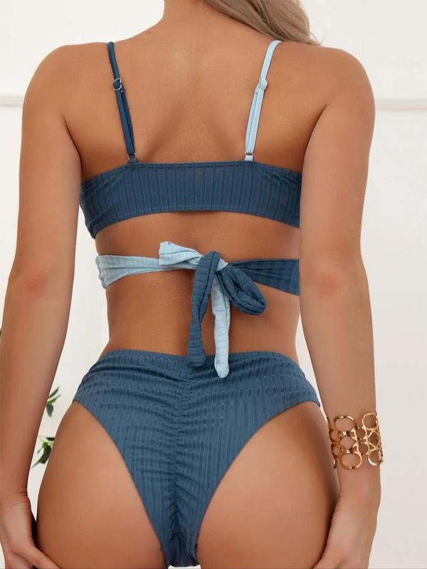 Two-Piece Set Women's Colorblock Cut Out Wrap Bikinis Set, Adjustable Strap Tie Back Wireless Swim Top & High Waist Swim Bottom, Ladies Summer Swimwear for Beach Holiday Vacation