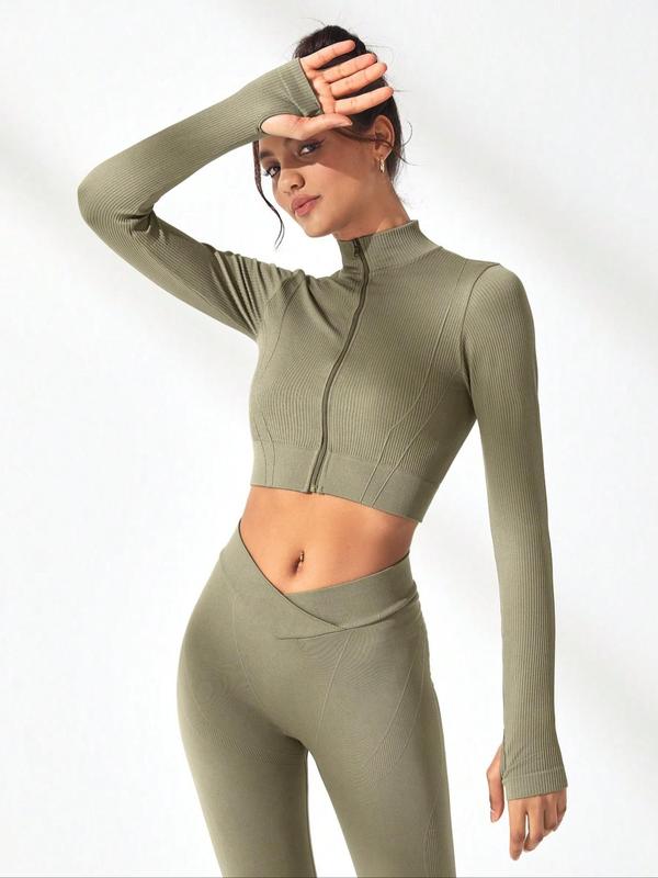 Women's Solid Zip Up Cut Out Stand Collar Crop Jacket & Overlap Waist Leggings Tracksuit Set, Sporty Breathable Comfy Outfits for Yoga Gym Workout Running, Women Tracksuits for Fall & Winter