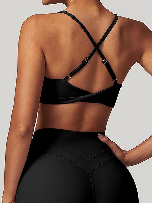 Women's Solid Criss Cross Backless Sports Bra, Breathable Comfortable High Stretch Sports Bra, Ladies Sportswear for Indoor Outdoor Wear