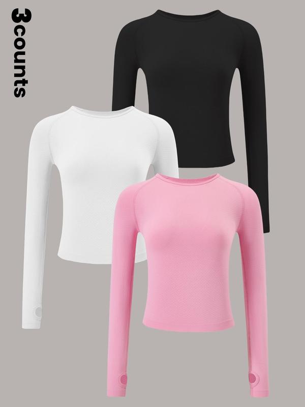 Women's Solid Raglan Sleeve Sports Tee, Casual Comfy Breathable Long Sleeve Round Neck T-shirt for Yoga Gym Workout, Ladies Sportswear for All Seasons