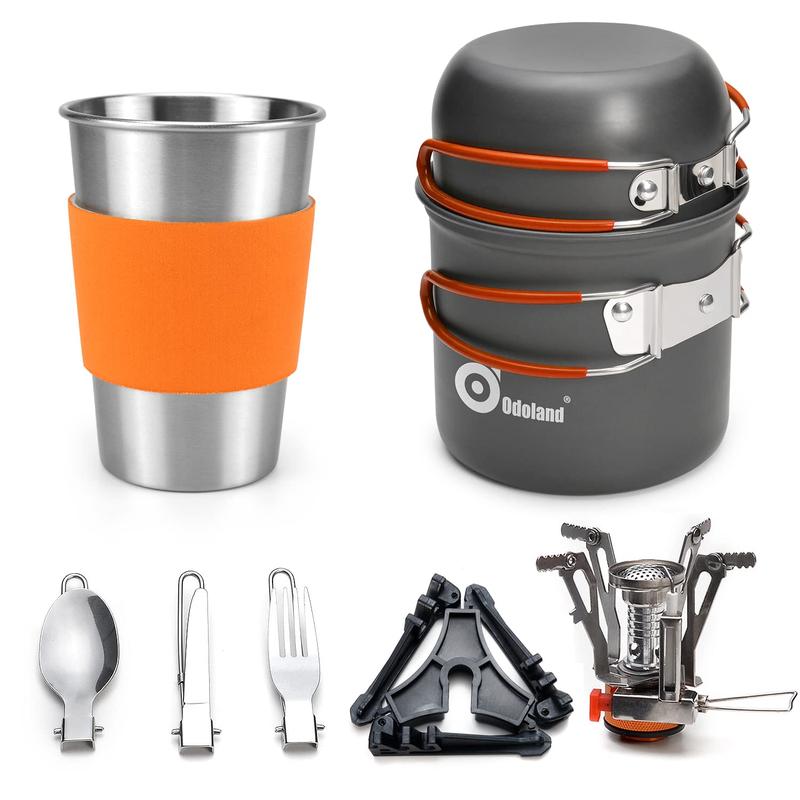 Odoland Camping Pots with Heat Exchanger Camping Cooking Set with Portable Camping Stove Camping Mess Kit Include Mug, Folding Utensil Set, Canister Stabilizer for Backpacking Outdoor Hiking & Picnic [Fuel not included]