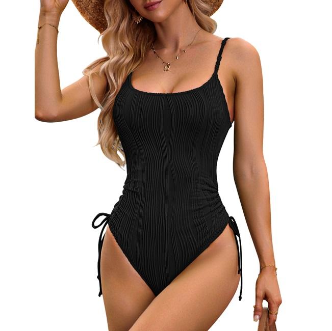 BMJL Ruched Tummy Control Women's Drawstring High Cut Ribbed One Piece Swimsuit